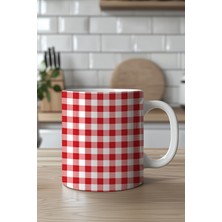 YasBey Design Kırmızı Beyaz Kare Desenli 330ML Baskılı Beyaz Seramik Kupa Bardak