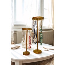 Feyza Design Ahşap Takı Standı 2'li, Gold Kancalı Dekoratif Takı Organizer