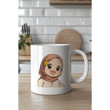 YasBey Design Sevimli Çiçekli Tesettür Kız Figürlü 330ML Baskılı Beyaz Seramik Kupa Bardak