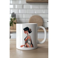 YasBey Design Zarif Kadın Çizimli Moda Temalı 330ML Baskılı Beyaz Seramik Kupa Bardak