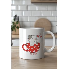 YasBey Design Kalpli Kupada Sevimli Kedi Desenli 330ML Baskılı Beyaz Seramik Kupa Bardak