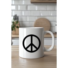 YasBey Design Barış Sembolü Desenli Minimal 330ML Baskılı Beyaz Seramik Kupa Bardak