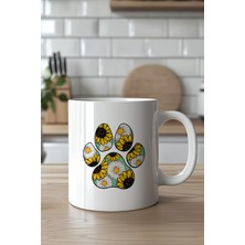 YasBey Design Sevimli Çiçek Desenli Hayvan Patisi Figürlü 330ML Baskılı Beyaz Seramik Kupa Bardak