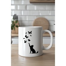 YasBey Design Kedi ve Kelebek Silüeti Desenli 330ML Baskılı Beyaz Seramik Kupa Bardak
