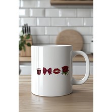 YasBey Design Romantik Kahve Fiyonk Dudak Gül Desenli 330ML Baskılı Beyaz Seramik Kupa Bardak