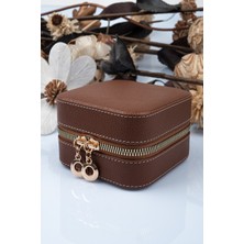 Feyza Design Şık Deri ve Ahşap Kasa Takı ve Mücevher Çantası, Taba, 11X11 cm