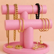 Feyza Design Çift Katlı Pembe Takı Düzenleyici, Kolye, Bileklik ve Yüzük Saklama Ünitesi
