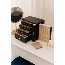 Feyza Design Şık Siyah Deri ve Kadife Takı Düzenleyici, 6 Çekmeceli Organizatör