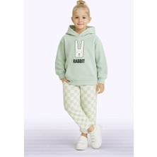 Çocuk Kapüşonlu Rabbit Desenli 3 Iplik Şardonlu Eşofman Takımı (5-8 Yaş) 10761 Yeşil