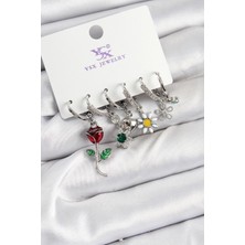 Nacario Bfs Pirinç Zi̇rkon Taşlı Gül ve Papatya Model Gümüş Renk 3'lü Çift Kadın Küpe