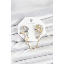Nacario Bfs Pirinç Gold Renk Yıldız Model Zincir Bağlantılı Ear Cuff Küpe Seti