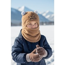 Eleven Markets Peluş Çocuk Sevimli Ayıcık Kar Maskesi Sürper Hero 3-9 Yaş Çocuk Bere Kahverengi