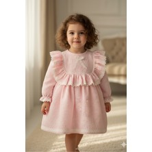 Bertuğ Bebek Dantelli ve Fırfırlı Kabartmalı Krep Pembe Kız Çocuk Bebek Elbise