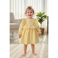 Bertuğ Bebek Dantelli ve Fırfırlı Kabartmalı Krep Sarı Kız Çocuk Bebek Elbise