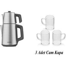 Grundig Inox Çay Makinesi ile 3 Şık Ince Cam Kupa Seti