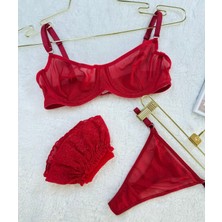 LİCSHE Kırmızı Sütyen Takımı + Düz Jartiyer Çorap Sevgililer Günü Özel