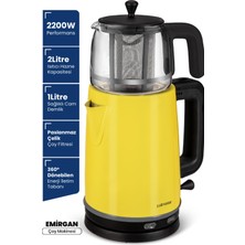 Allians 2200W Paslanmaz Çelik Çay ve Su Isıtıcı, Cam Demlikli, Sarı