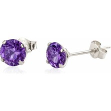 Brezza Lusso Jewelry 925 Ayar Tektaş Ametist Gümüş Kadın Küpe 6 mm