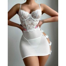 MyDora Lingerie Beyaz Floral Dantel Büstiyerli ve Yanları Fiyonk Detaylı Fantezi Gecelik