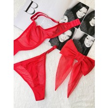 LİCSHE Kırmızı Tül Sütyen Takım & Handmade Toka Seti