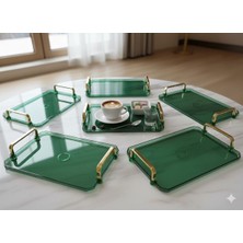 Şura Mutfak 6 Adet Gold Kulplu Türk Kahvesi Sunum Tepsisi | 6' Lı Şık Set 25X17CM Zümrüt Yeşili