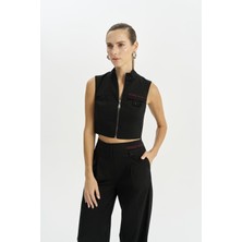 Kadın Kolsuz Slim Fit Düz Model Crop Siyah Büstiyer NAAR91338-SİYAH