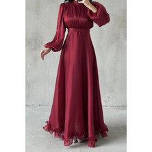 Tesettür Diyarı Feray Altı Fırfırlı Janjan Kumaş Tesettür Abiye- Bordo