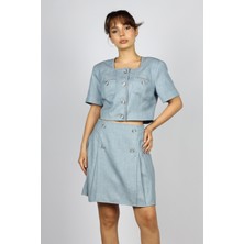 Lady Gına Kadın Düğme Detaylı Yakası Işlemeli Krop Ceket-Etek Takım Mavi Alt-Üst Takım JGNBVB24Y7061-MAVİ