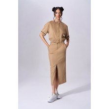 Kadın Yırtmaçlı Günlük Kullanıma Uygun Camel Etek NAAR91508-CAMEL