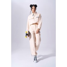 Kadın Yüksek Bel Dokuma Kumaş Rahat Günlük Krem Pantolon NAAR91206-KREM