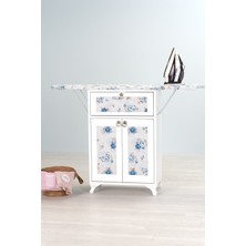 Feyza Design Rose Katlanır Dolaplı Ütü Masası, Beyaz ve Mavi Çiçek Desenli