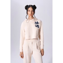 Kadın Kapüşonlu Baskılı Uzun Kollu Krem Sweatshirt NAAR91306-KREM