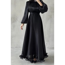 Tesettür Diyarı Feray Altı Fırfırlı Janjan Kumaş Tesettür Abiye- Siyah