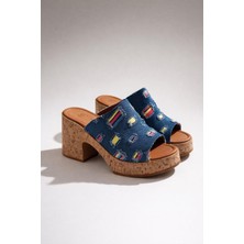 Preshley Kadın Silva Mavi Kot Kumaşı Mantar Tabanlı Ortopedik Platform Topuk Terlik