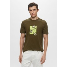 Boss Erkek Kısa Kol Bisiklet Yaka Çiçek Desenli Pamuklu Yeşil T-Shirt 50536763-303