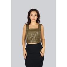 Ysatiss Kadın Normal Kalıp Kare Yaka Askılı Crop Haki Bluz KYS5000103-HAKİ
