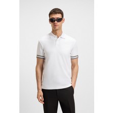Boss Erkek Dar Kalıp Kolları Şerit Detaylı Pamuklu Kısa Kollu Beyaz Polo Yaka T-Shirt 50544448-100