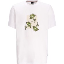Boss Erkek Kısa Kol Bisiklet Yaka Çiçek Desenli Pamuklu Beyaz T-Shirt 50536763-100