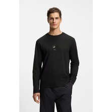 Boss Erkek Rahat Kalıp Yuvarlak Yakalı Interlok Pamuklu Logo Dokulu Uzun Kollu Siyah T-Shirt 50549414-001