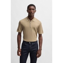 Boss Erkek Regular Fit %100 Pamuklu Kısa Kollu Fermuarlı Bej Polo Yaka T-Shirt 50532612-275