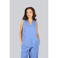 Ysatiss Kadın V Yaka Normal Kalıp Kolsuz Mavi Bluz 2525.5000155-MAVİ