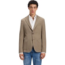 Boss Erkek Dar Kesim Çentikli Yaka Yün Pamuk Karışımlı Kare Desenli Bej Ceket 50545840-260