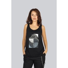 Ysatiss Kadın Normal Kalıp Yuvarlak Yakalı Kolsuz Taş Desenli Siyah Bluz 2525.5000132-SİYAH