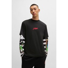 Hugo Erkek Yuvarlak Yaka Çift Logolu Kısa Kollu Siyah T-Shirt 50527926-001