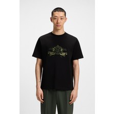 Hugo Erkek Rahat Kalıp Yuvarlak Yakalı %100 Pamuk Işleme Desenli Kısa Kollu Siyah T-Shirt 50544543-001