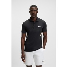 Boss Erkek Nem Yönetimi Sağlayan Aktif Kumaş Dar Kalıp Marka Imza Çizgili Kısa Kollu Siyah Polo Yaka T-Shirt 50543349-001