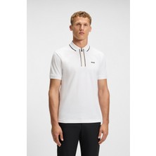 Boss Erkek Slim Fit Hızlı Kuruyan Esnek Pamuklu Kısa Kollu Fermuarlı Beyaz Polo Yaka T-Shirt 50544450-100