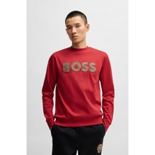 Erkek Normal Kesim Yuvarlak Yaka %100 Pamuklu Büyük Boss Kabartmalı Uzun Kollu Kırmızı Sweatshirt 50533817-629