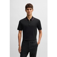 Boss Erkek Regular Fit %100 Pamuklu Kısa Kollu Fermuarlı Siyah Polo Yaka T-Shirt 50532612-002