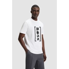 Erkek Bisiklet Yaka Boss Yazı Desen Kısa Kol Rahat Kesim Beyaz T-Shirt 50543905-100